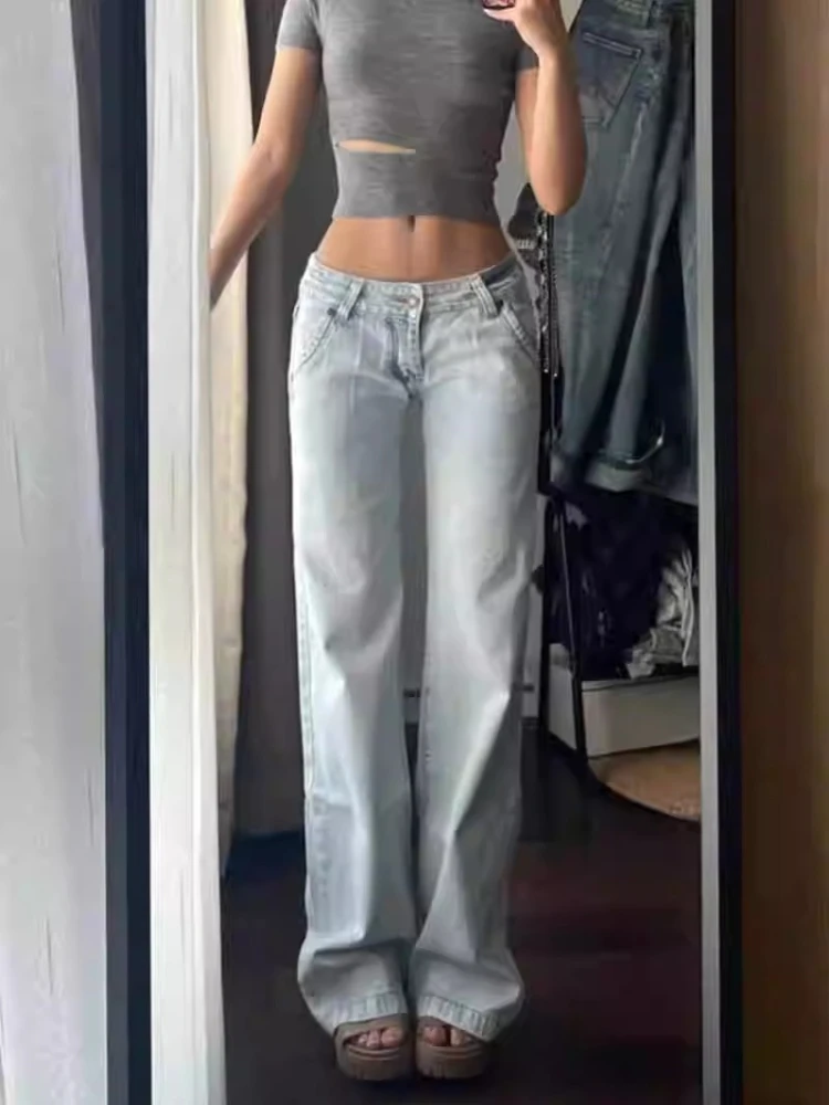 

Women Low Waist Wide Leg Trousers with Multi Pockets Streetwear Spring Autumn Solid Color Loose Versatile Denim Pants