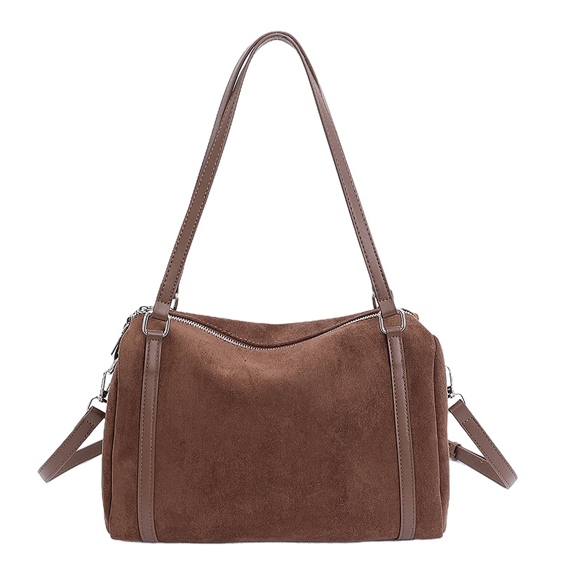 Damen-Handtaschen mit großer Kapazität, lässige Retro-Umhängetaschen aus Wildleder mit Reißverschluss, einfarbige Schultertaschen für den Alltag. – Detail 38