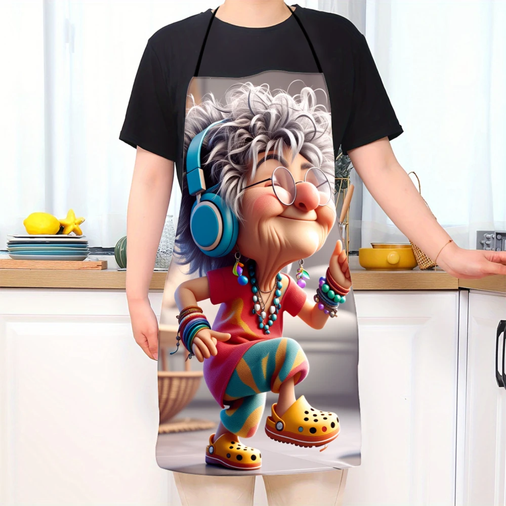 Funny Granny Dancing With Headphones And Cat Apron For Cooking Kitchen Wear Fun Gift For Grandmas And Seniors