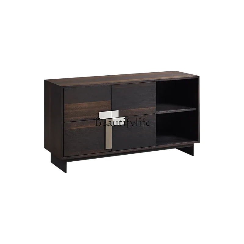 

Italian modern living room storage side cabinet, smoked wood minimalist storage wine cabinet