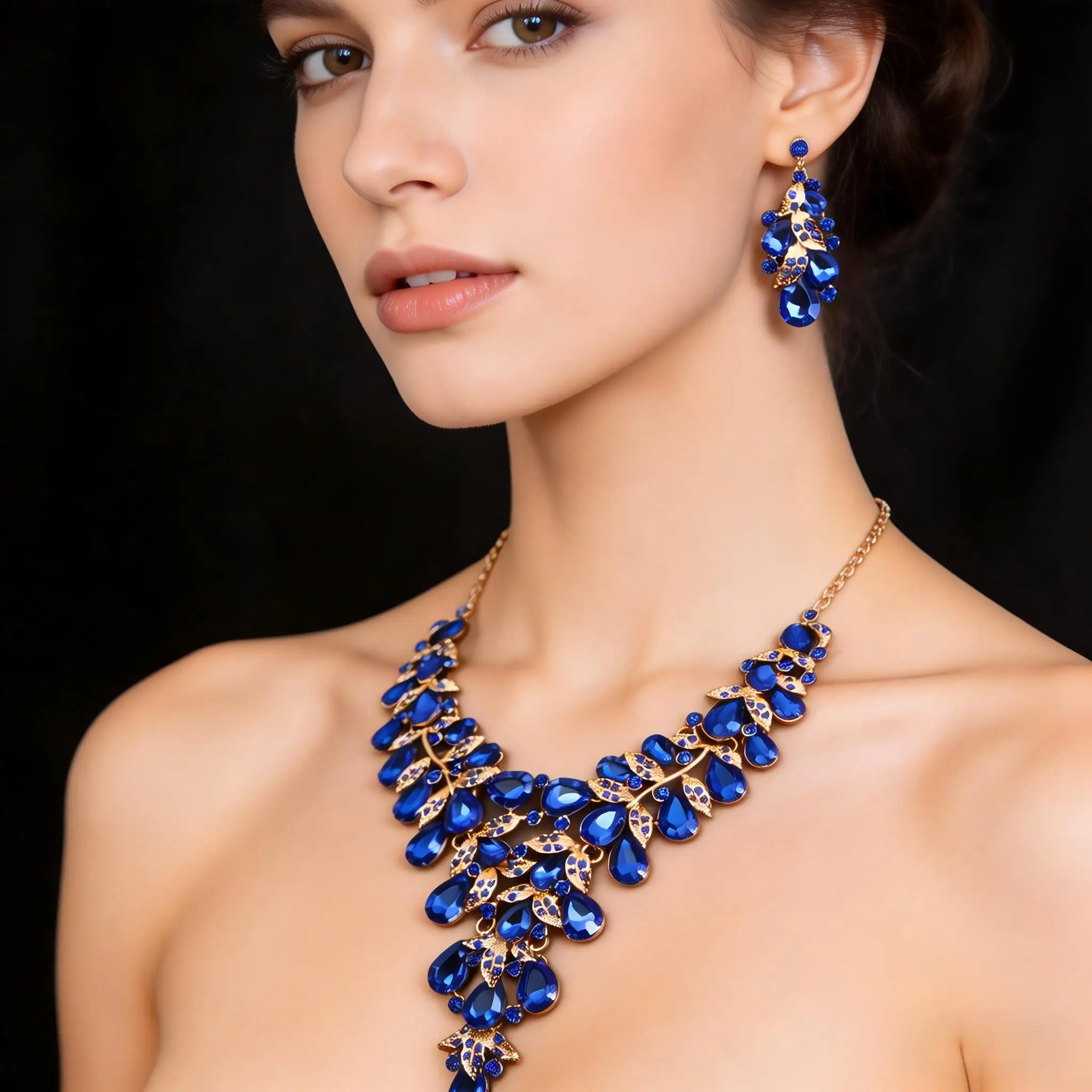 

Blue Crystal Floral Jewelry Set, Gold Plated Statement Necklace & Drop Earrings for Women Evening Party