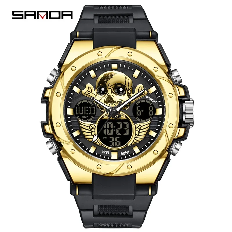 SANDA 6087 Fashion Skull Design Dial Quartz Digital Movement Soft TPU Strap Electronic Men Wrist Waterproof Sport Watch