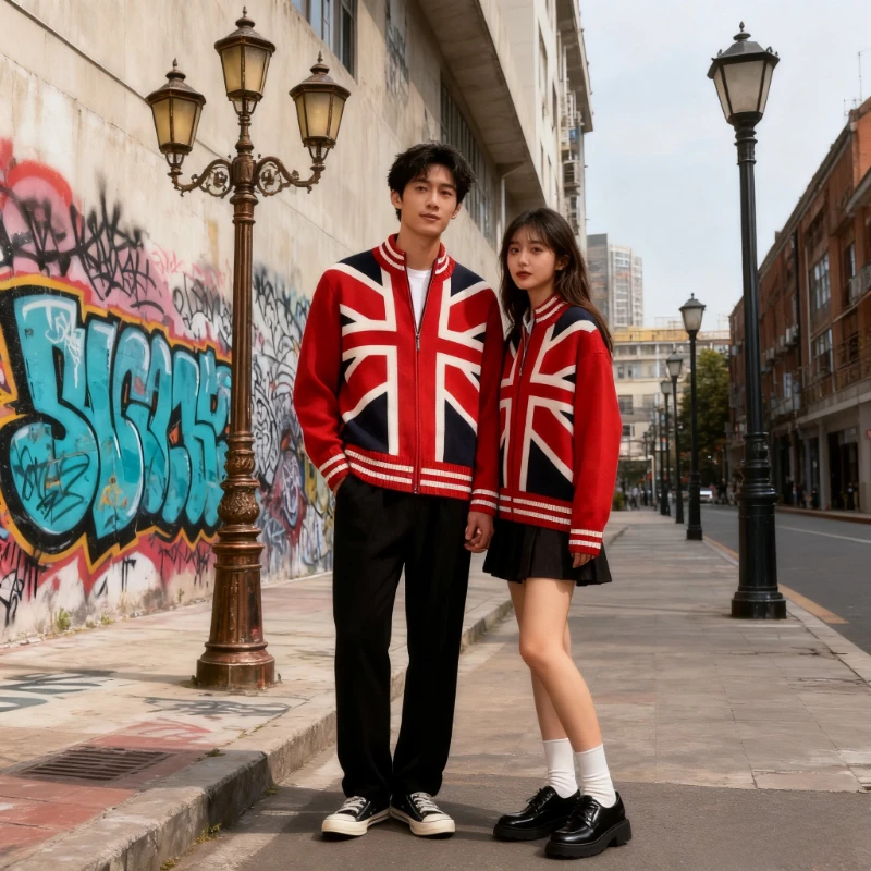 British style rice flag knitted cardigan for women in autumn and winter retro zipper stand collar men's sweater jacket