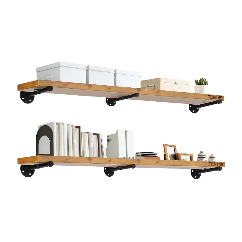 

48" Real Wooden Shelving w/ Special Walnut Color - Modern Interior Decor Floating Shelves w/ Iron Pipe Brackets