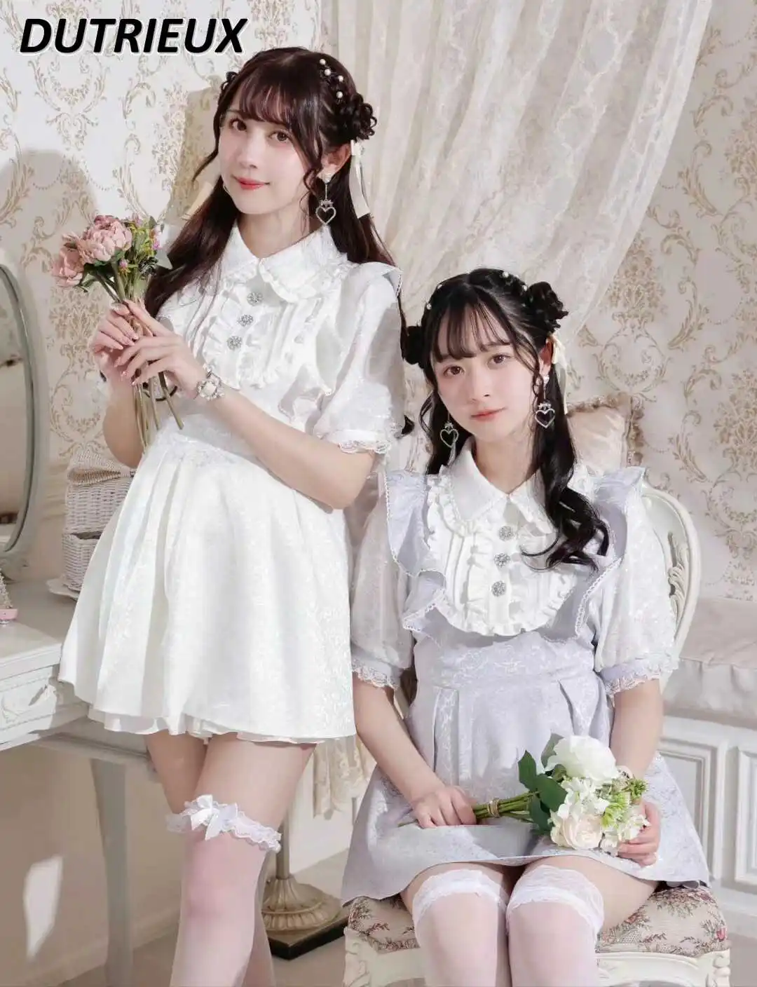 Japońska Lolita Cute Girl Mine Dark Pattern Suit Lapel Short Sleeve Waist-Controlled Dress and Base Shorts Dwuczęściowy zestaw