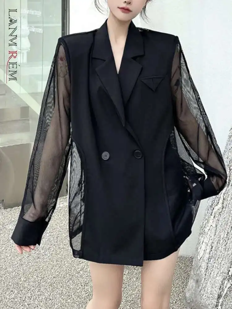 [LANMREM] chaqueta de traje de retazos de malla Micro transparente, abrigo de estilo fino de manga larga con muescas para mujer, Primavera Verano 2025 26Z1590