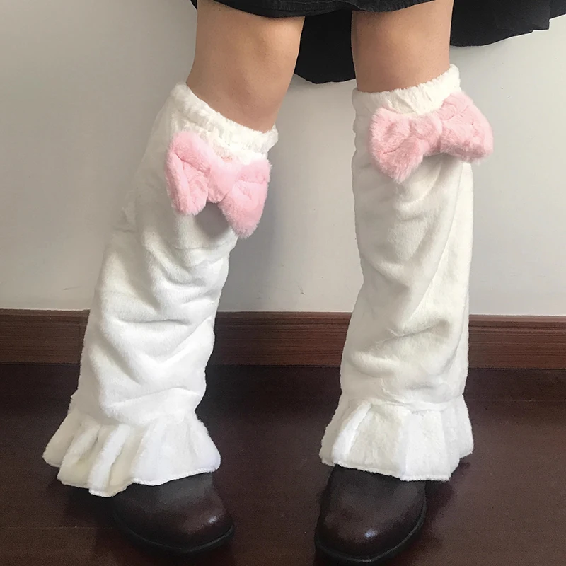 

Японские милые гетры в стиле Харадзюку для девочек, теплые носки с розовым бантом, милые пушистые носки в стиле Лолиты, зимние бархатные гетры, носки