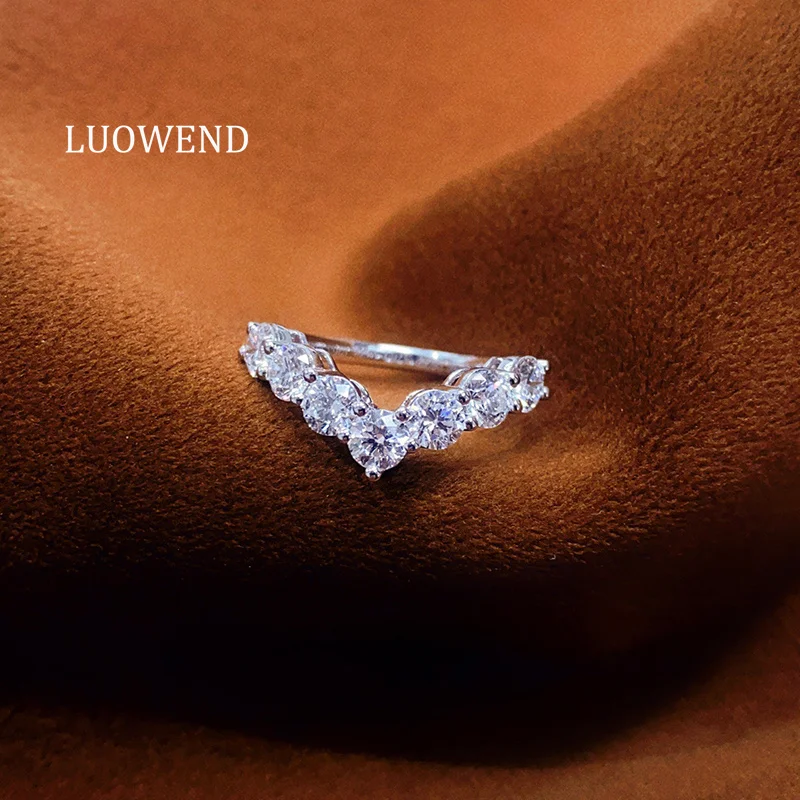 LUOWEND 100% 18K White Gold Rings Fashion V-Shape Design Real Natural Diamond Engagement Ring for Women Wedding Fine Jewelry