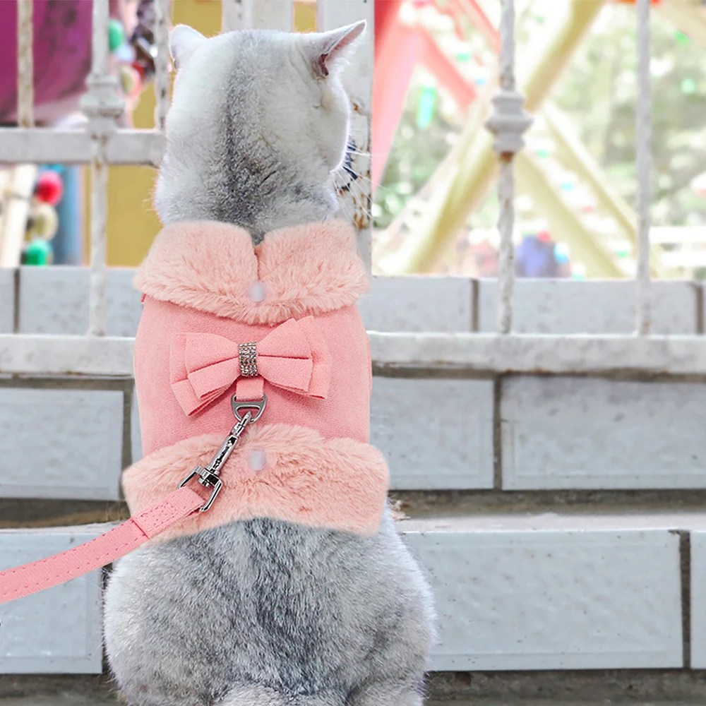 Warmes Fell Welpen Hunde geschirr Leine niedlichen Bowknot Hunde Katzen geschirre gepolsterte Haustier Weste mit passendem Führ strick für Hunde Katzen Winter – Detail 23