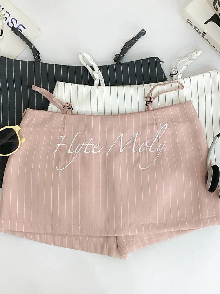 Women Pink Striped Skirt 2000s Vintage Korean Style A-line Shorts Skirt Harajuku Y2k Gyaru Mini Wrap Skirts Clothes Summer 2026