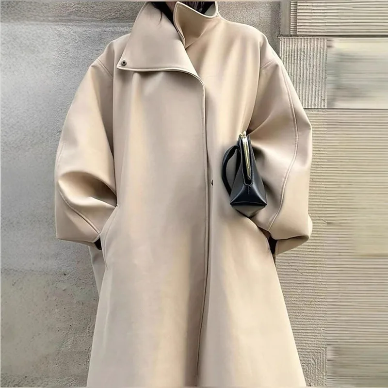 QICHE 2026 Fall Winter Stand Collar Long Trench Coat, Casual Versatile Batwing Sleeve Oversized Windbreaker