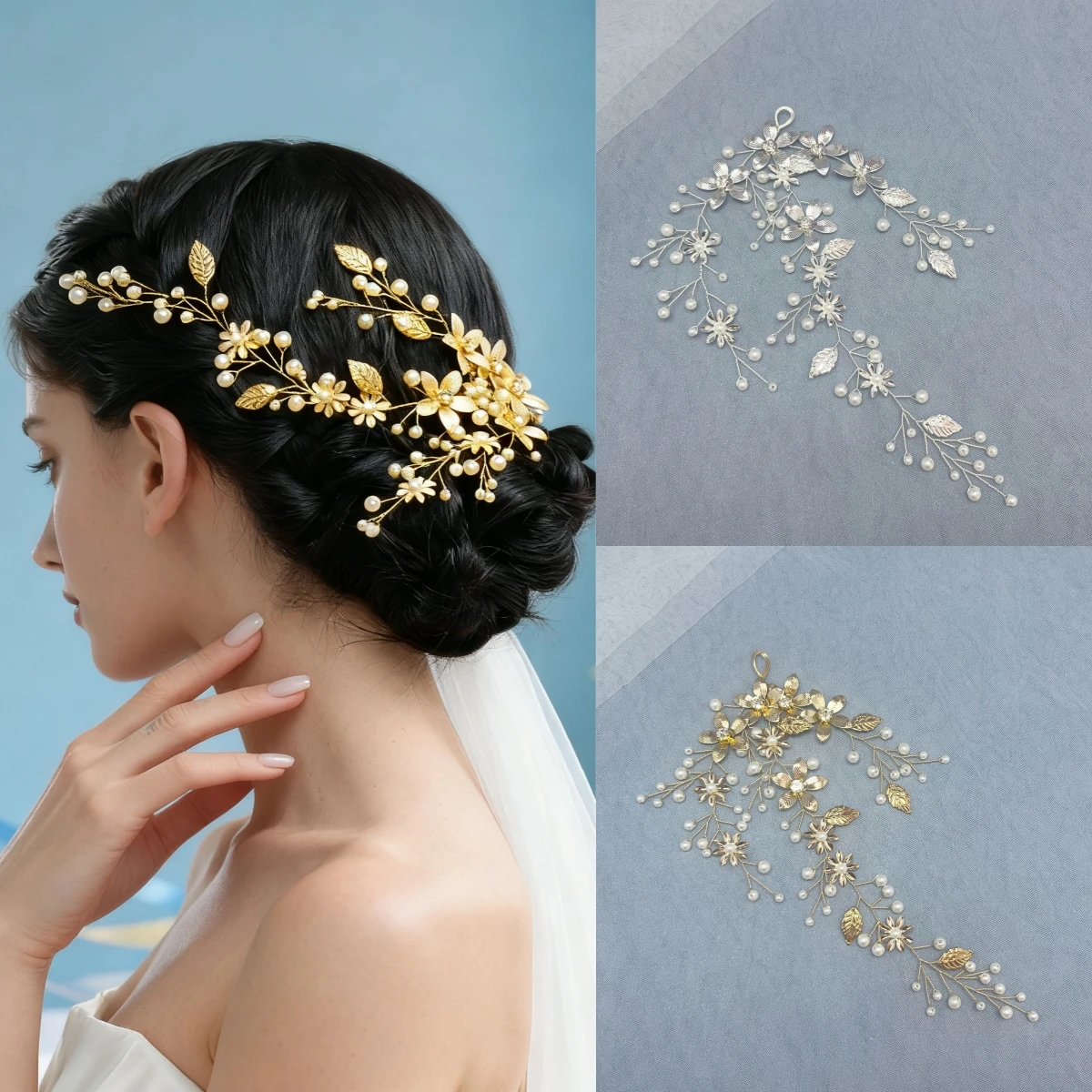 Handmade Fashion Pearl Leaf Hair Vine Headband Flower Hairband Tiara Bridal Wedding Hair Accessories Jewelry Hair Vine Headband