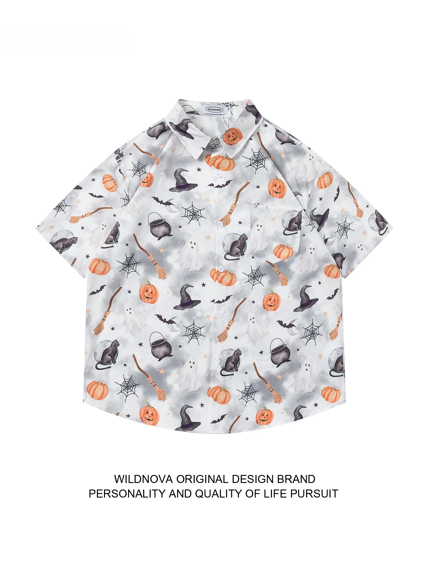 

Wildnova Original Design Halloween Themed Cartoon Print Short Sleeve Shirt Men Women Summer Hawaiian Casual Fashion Polyester