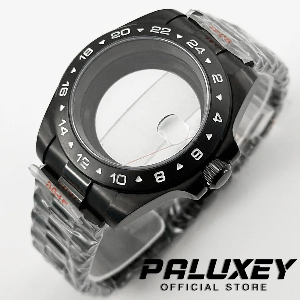 PVD Czarny EXP 24-godzinny 40MM Stała ramka Koperta zegarka Bransoletka ze stali nierdzewnej Szkło szafirowe do mechanizmu NH34 NH35 NH36 ETA2824