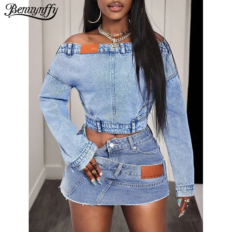 

Benuynffy Fashion Off Shoulder Crop Denim Top Women Spring Fall Streetwear Long Sleeve Back Zipper Casual Jeans Blouses Tops