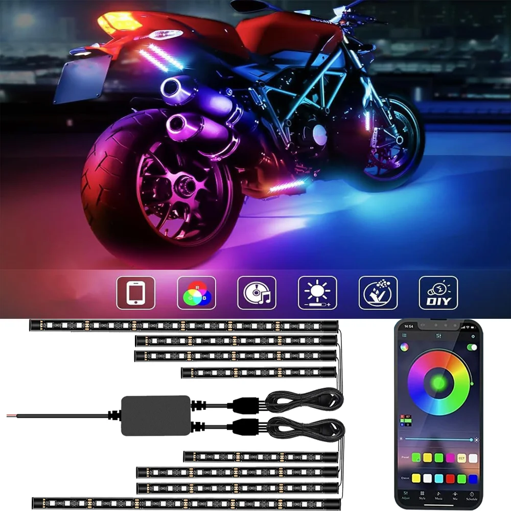 12V Motorcycle Neon 78LED Car Interior Ambient Foot Light Music APP Control Auto RGB Atmosphere Decor Lamp Motorbike Accessories