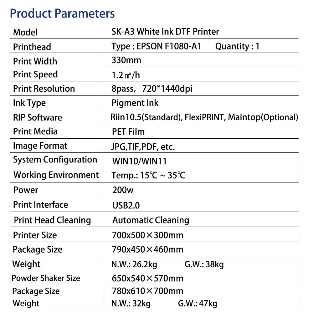 Sunika A3 DTF Direct To Film Printer Set Heat Transfer T-Shirt Printing Machine With XP600 Print Head New Condition