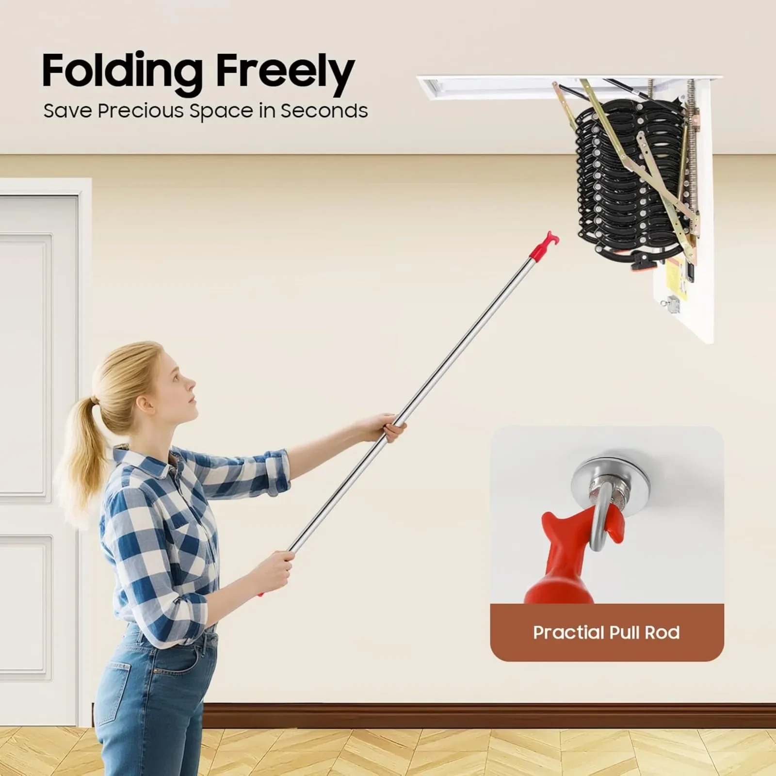 12 Steps Folding Attic Ladder,Wall Mounted Pull Down Loft Folding Stairs,Al-Mg Alloy Telescopic Extension Loft Ladder