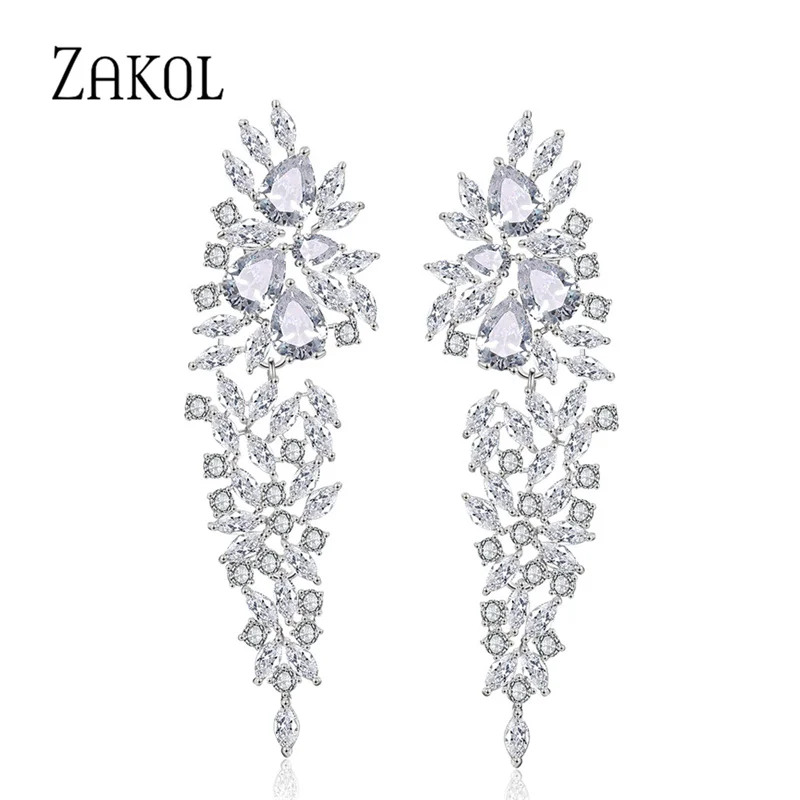 ZAKOL Vintage Luxury Teardrop Zircon Drop Earrings for Women Bling Leaf Crystal Earring Wedding Party Fashion Jewelry