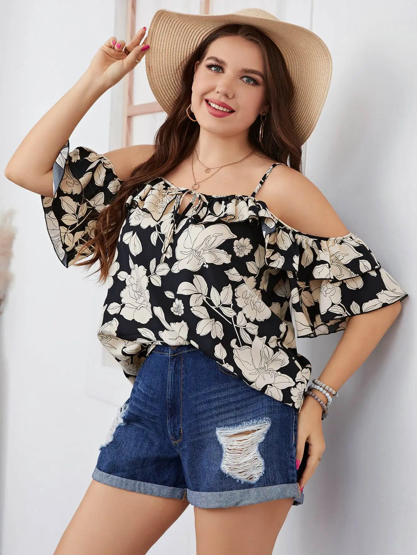 여성 여름 만화 프린트 쉬폰 빅 사이즈 원숄더 탑 플러스 사이즈 패셔너블 여성 여름 의류