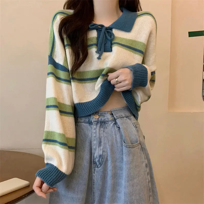 Autumn Striped Doll Collar Female 2024 Short Sweater Knitted Coat Long Sleeve Top