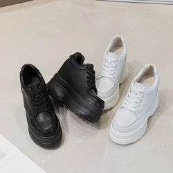 Women's Genuine Leather White Sneakers Chunky Shoes Casual Women Shoes Fashion Hidden Heel Female Chunky Sneakers Non-Slip Shoe