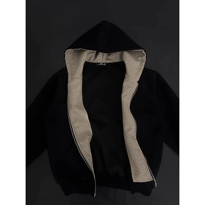 QICHE 2026 Men American Vintage Pullover Zip Up Hoodie Contrast Spliced Leopard Lining Clean Fit Autumn Casual Jacket view 4