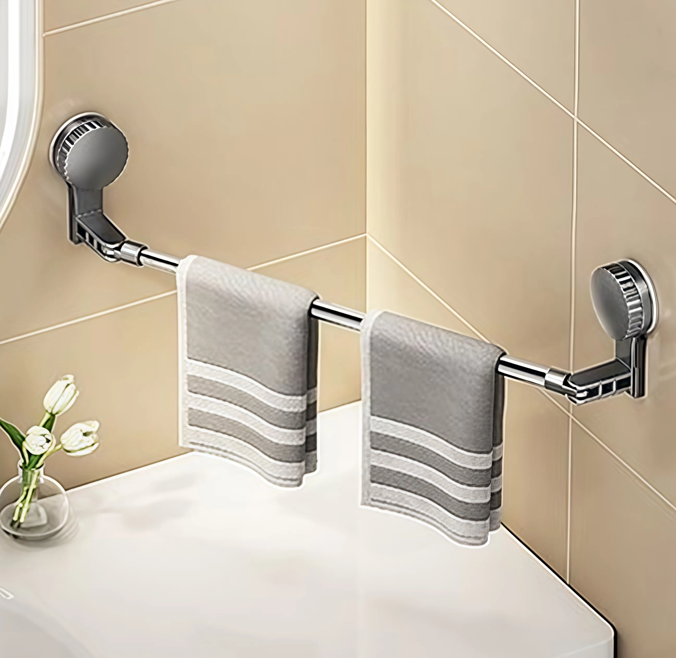 Extendable Rod Non Perforated Bathroom Storage Rack Bathroom Suction Cup Towel Rack, Bathroom Storage Towel Pole Kitchen Hook