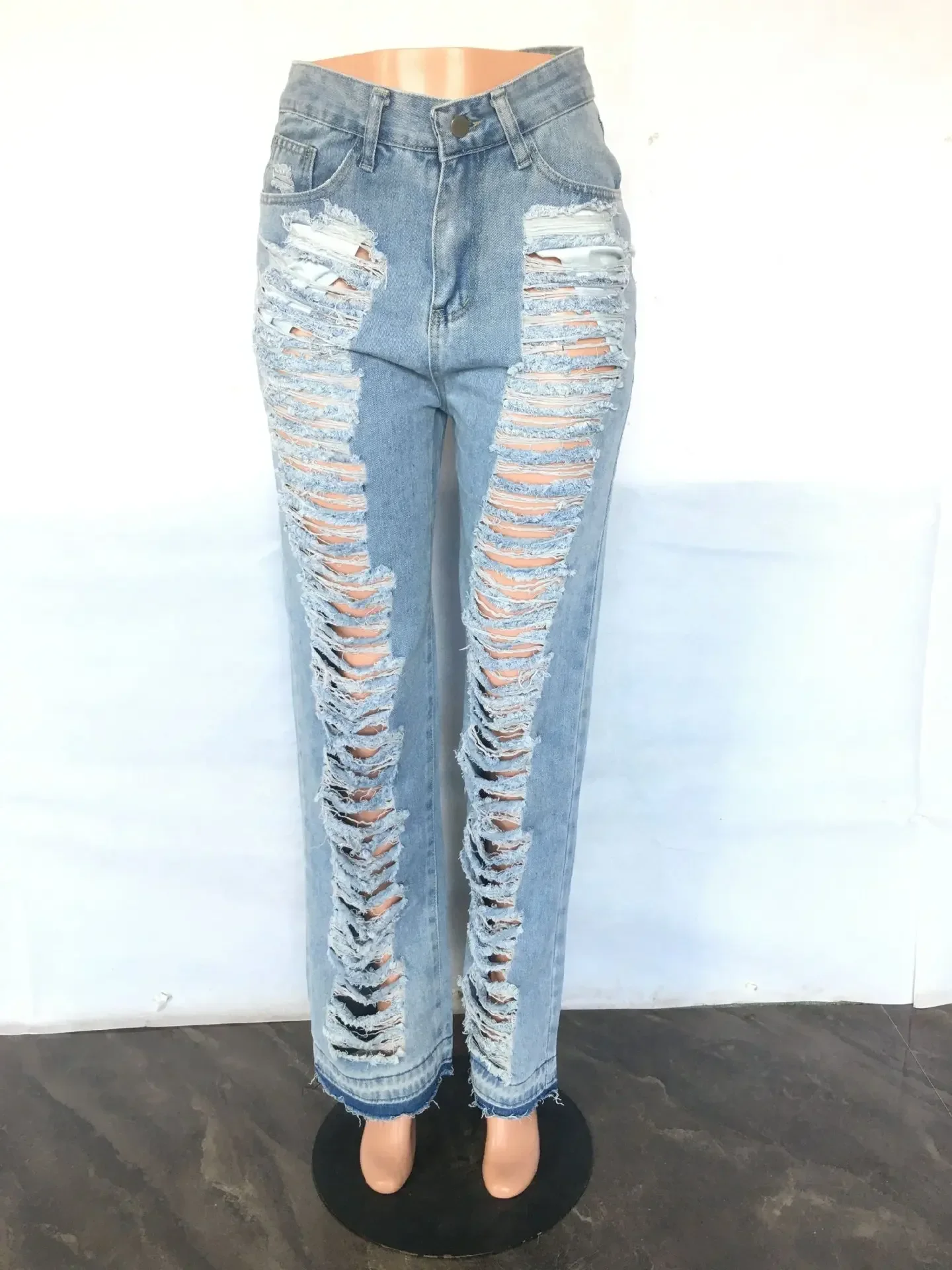 

Women's Autumn Fashion New Slim-fit Sexy Micro Stretch Ripped Micro Flared Jeans Loose Sky Blue Make Old High-waisted Jeans T2k