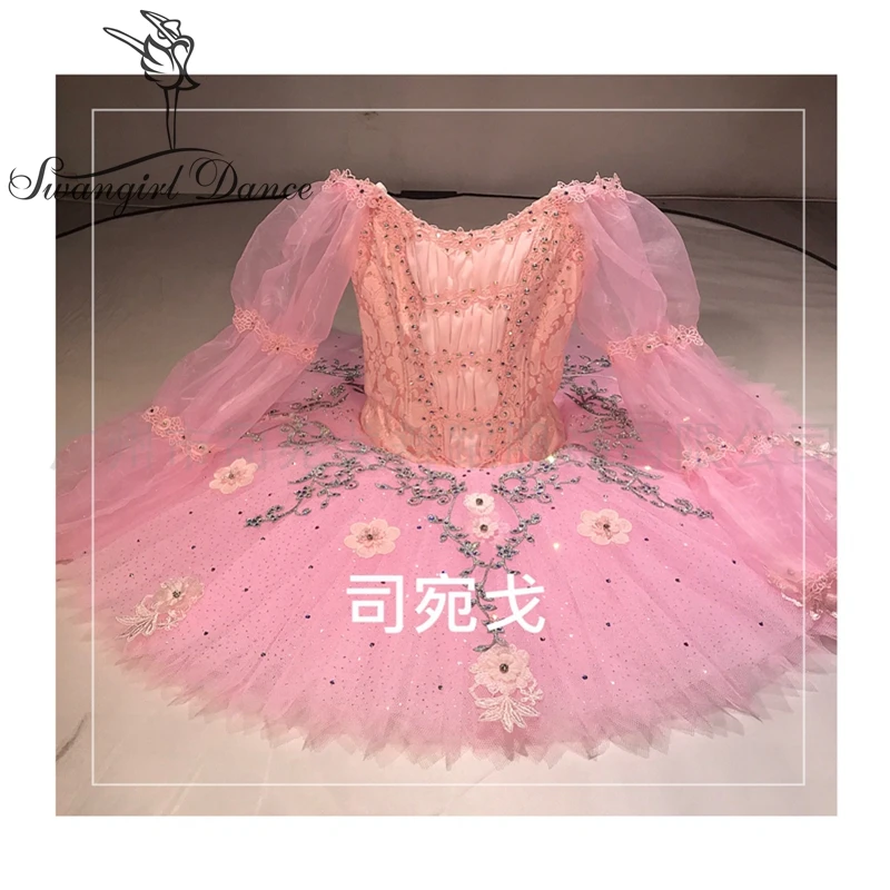 New Long Sleeve Organza Children Pink Fairy Doll Variation Competition Professional Tutu Ballet Costumes BT4062