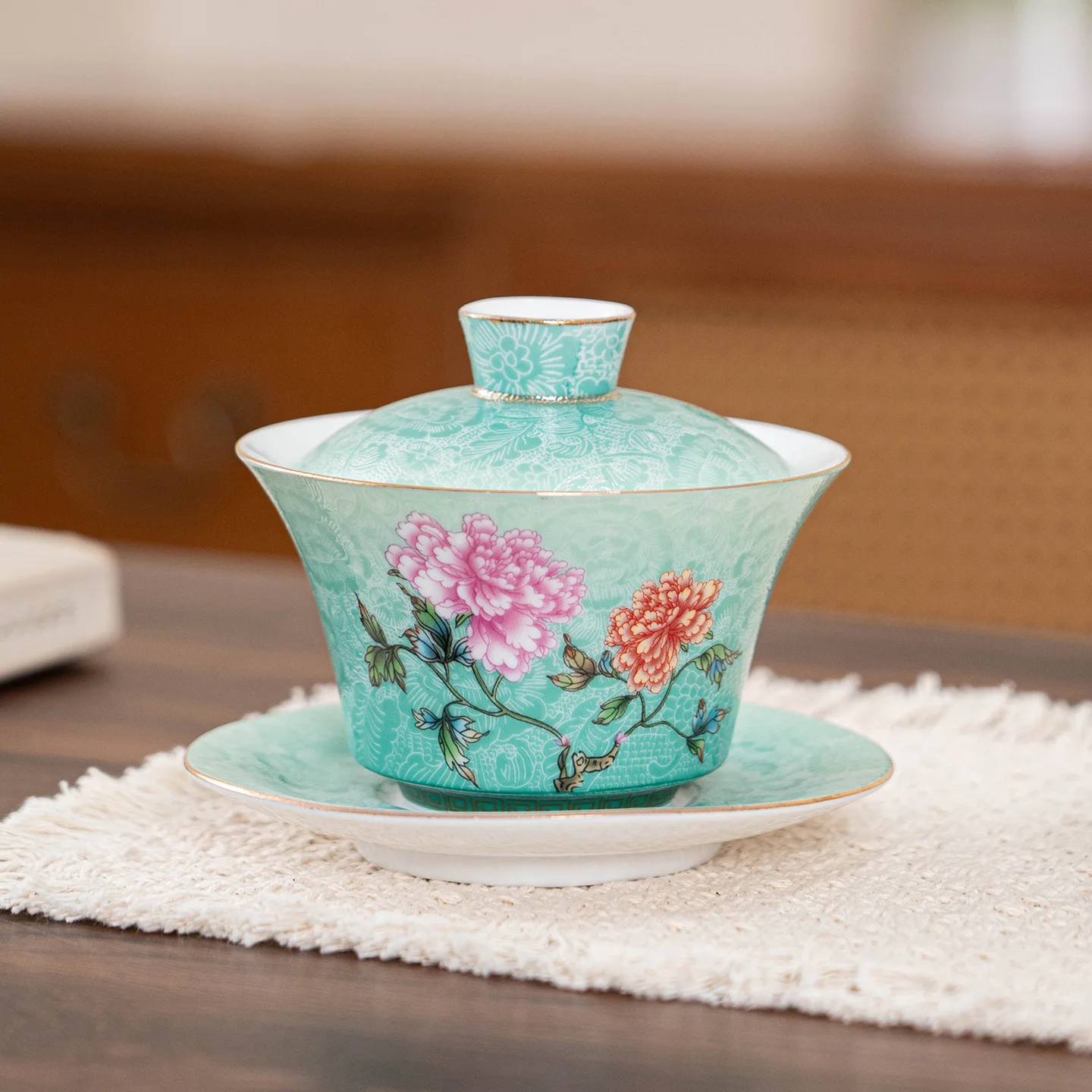 HYS Grilled Flower Cover Bowl Tea Set White Porcelain Enamel Color Sancai Cover Bowl Kung Fu Tea Set Hover Not Hot Tea Bowl