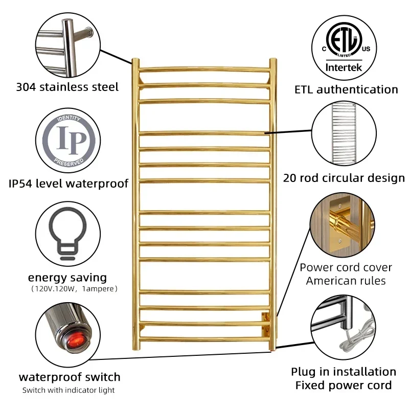 Gold/Chrome/Black Stainless Steel Bathroom Electric Heated Towel Rail Towel Warmer Wall Mounted Towel Warmer Racks