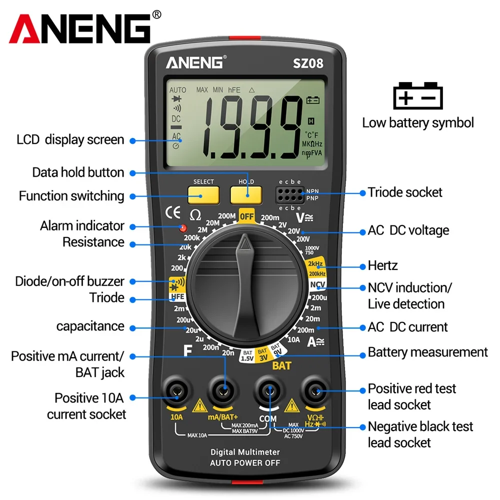 ANENG SZ08 Digital Multimeter Ultra-thin storage Professional Meter Auto Voltmeter AC DC 220V Resistance Handhold Testers