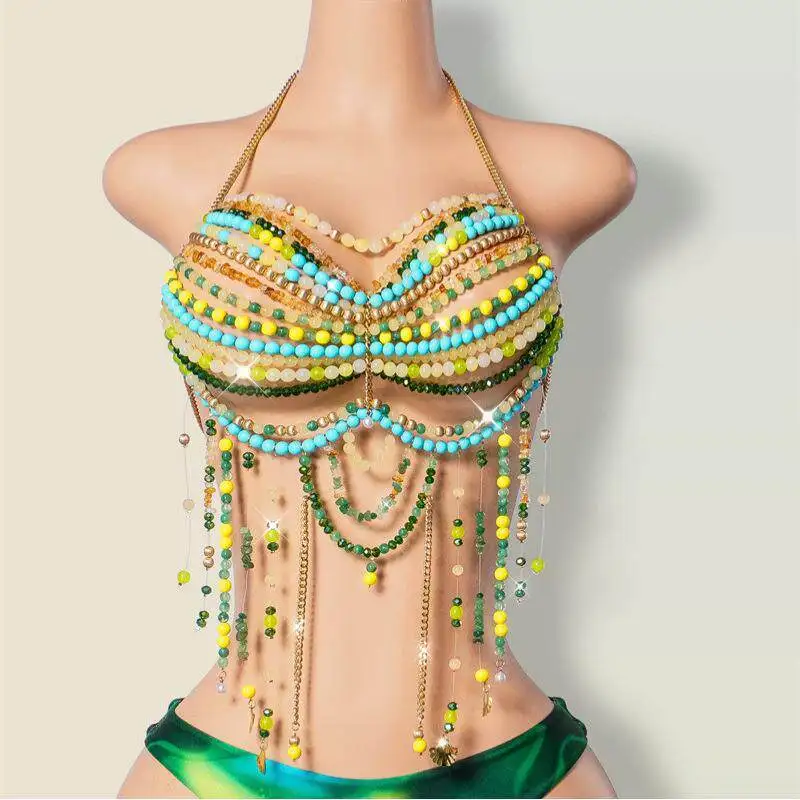 

Fashionable Beaded Bra Necklace Small Vest Gemstone Body Chain Cross-Border Women's Autumn Seven-Sleeve Clothing