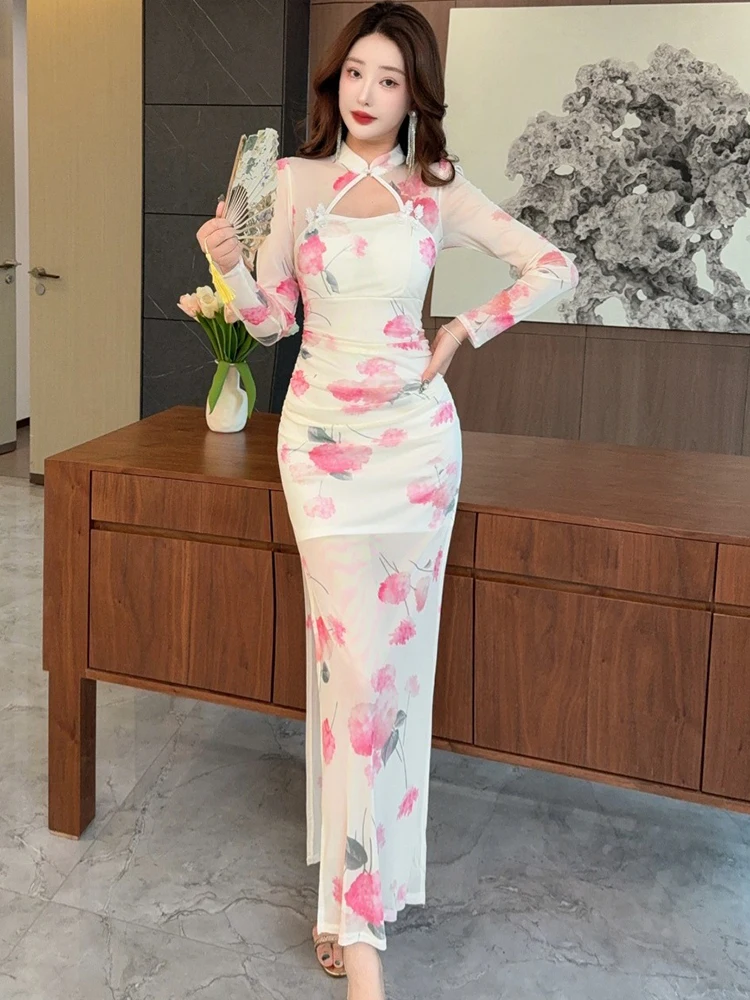 2025 Pink Floral Mesh Sheer Sexy Club Dress Women Elegant Casaul Holiday Dress Autumn Winter Korean Fashion Bodycon Party Dress