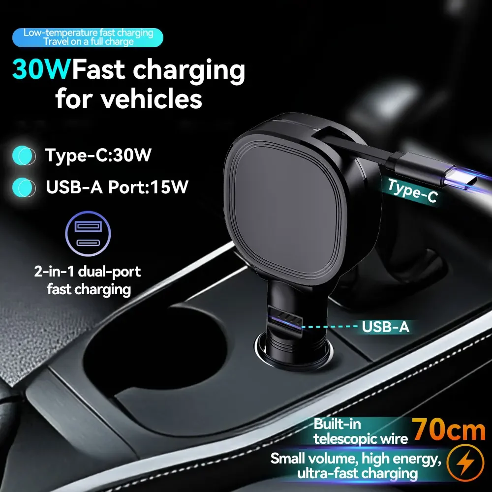 30W USB C Car Charger with Retractable Cable Type C  USB 15W  Fast Charge Adapter  For iPhone 17 16 15 Samsung Android