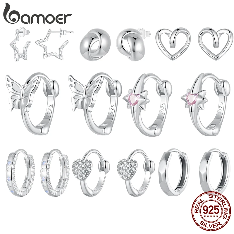 Bamoer 925 Sterling Silver Butterfly Earrings Hexagram Star Hoop Heart Twsisted Stud Geometric for Women Fine Jewelry Gifts