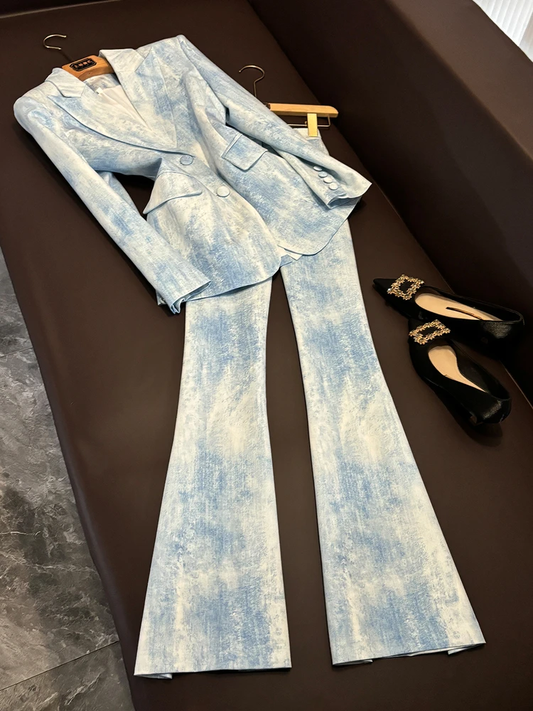 

Faionable Tie Dye Print Slim Fit Midi Length Suit Jaet And Pants Set Two Piece A30005 Women's Premium Clothing