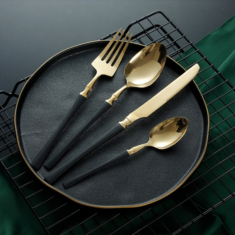 24pcs Stainless Steel Cutlery Black Gold Mirror Dinnerware Set Tableware Knife Fork Coffee Spoon Flatware Dishwasher Safe Dinner