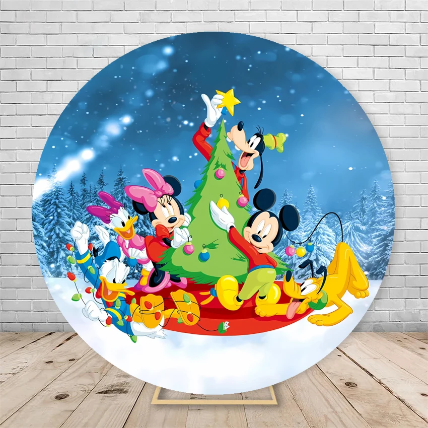 Christmas Backdrop Mickey Mouse Red Merry Christmas Round Background Cover Baby 1st Christmas Ornament Circle Backdrops Props