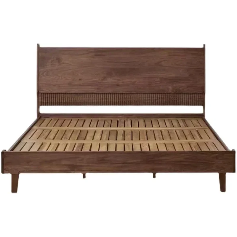 

Black walnut master bedroom all solid wood simple double bed Japanese furniture high backrest retro wedding bed log furniture