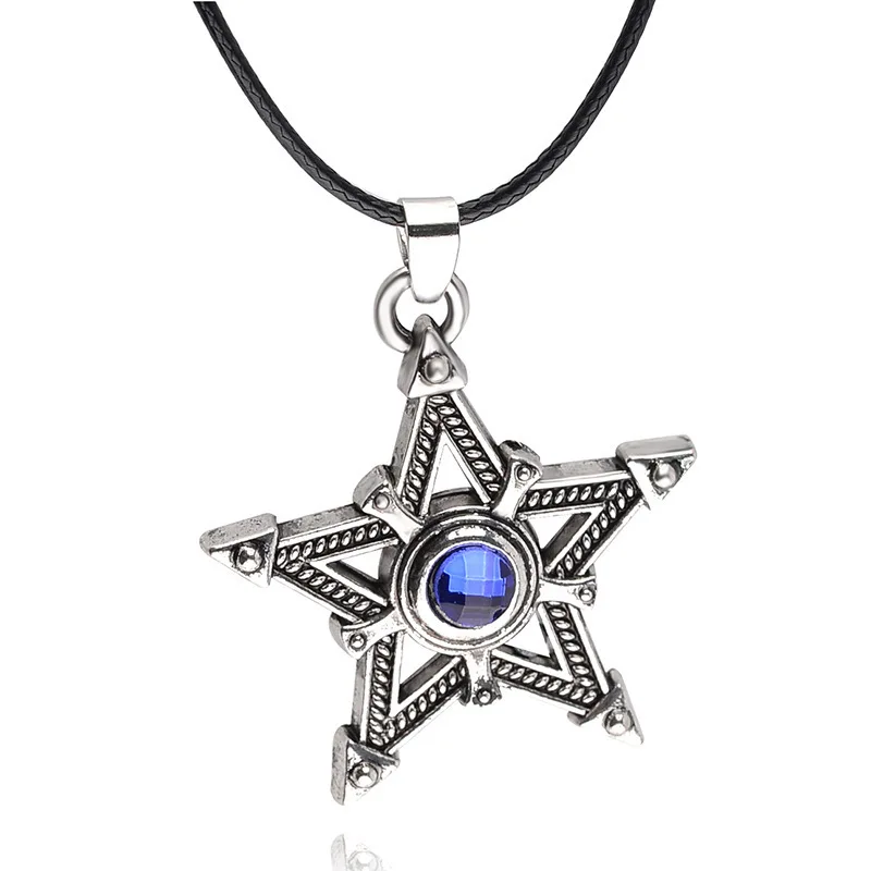 Anime Black Rock Shooter Pentacle Necklace Pentagram Star Amulet Antique Silver Color Pendant Crystal Vintage Jewelry