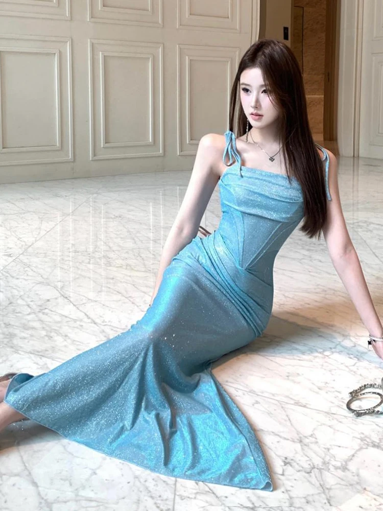Women Vacation Clothes Sparkly Sexy Sling Skinny Maxi Long Gown Evening Dress Elegant Lady Fashion Party Prom Vestidos Robe New