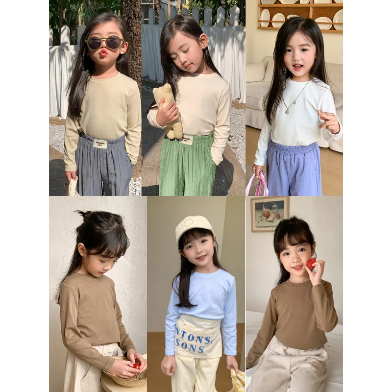 

XTY-Girls' round Neck Spring BottomingTT-shirt New Children's Pure Color Warm Keeping Top Baby High Elastic Bottoming Shirt