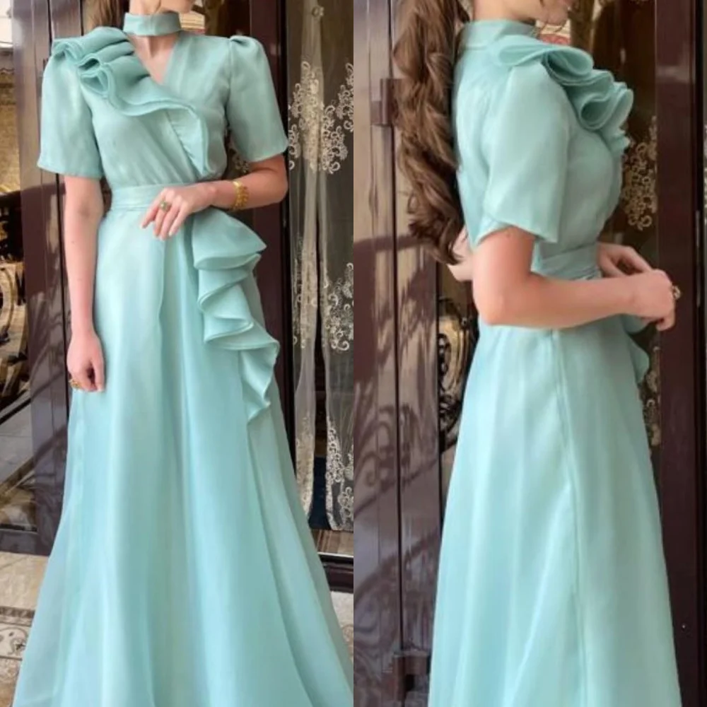 Organza Ruffle Prom A-line V-neck Bespoke Occasion Gown Long Dresses