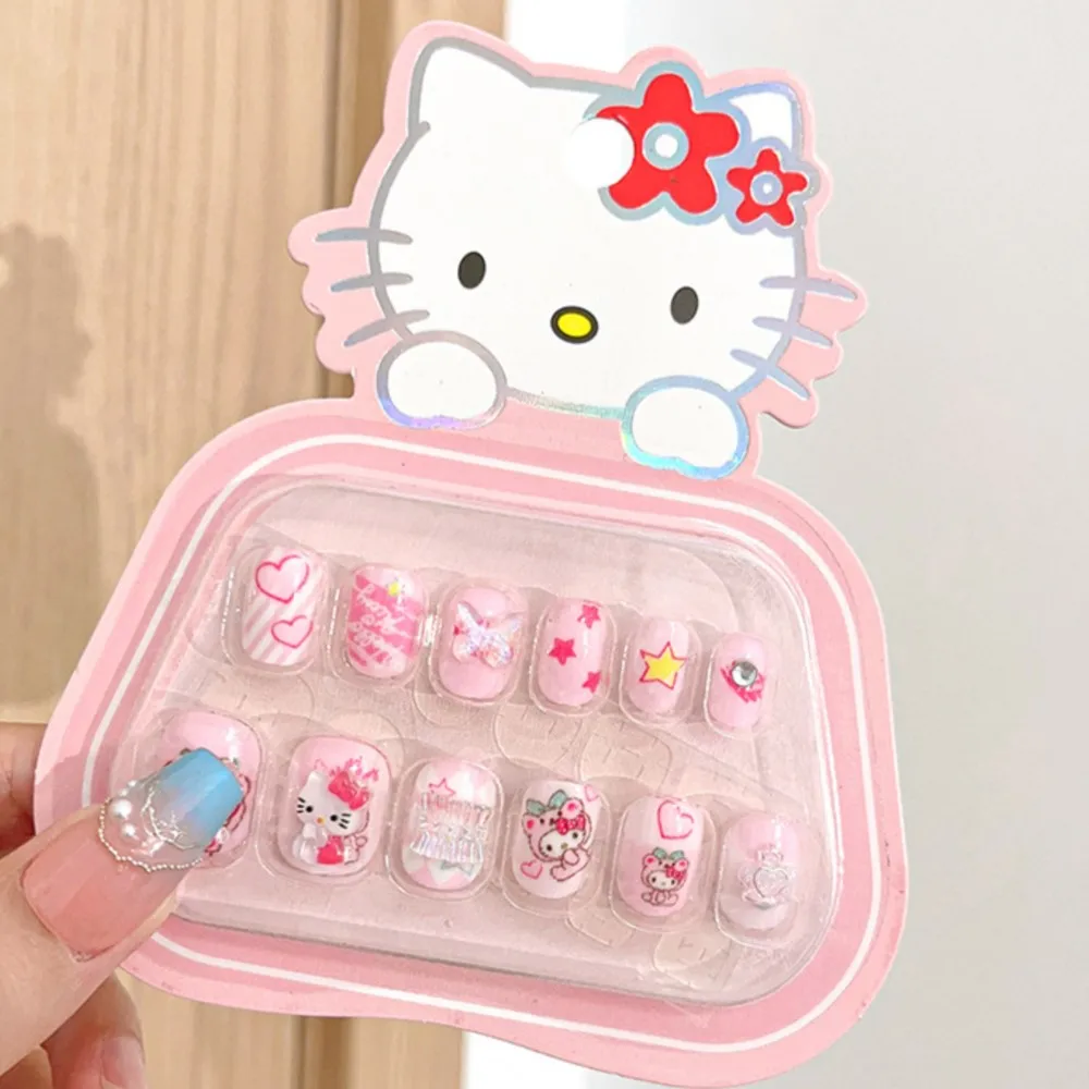 12pcs การ์ตูน Sanrio MyMelody เด็กเล็บปลอมน่ารัก Hello Kitty Kuromi Cinnamoroll กดบนเล็บ DIY Kawaii สาวเล็บปลอม @ %