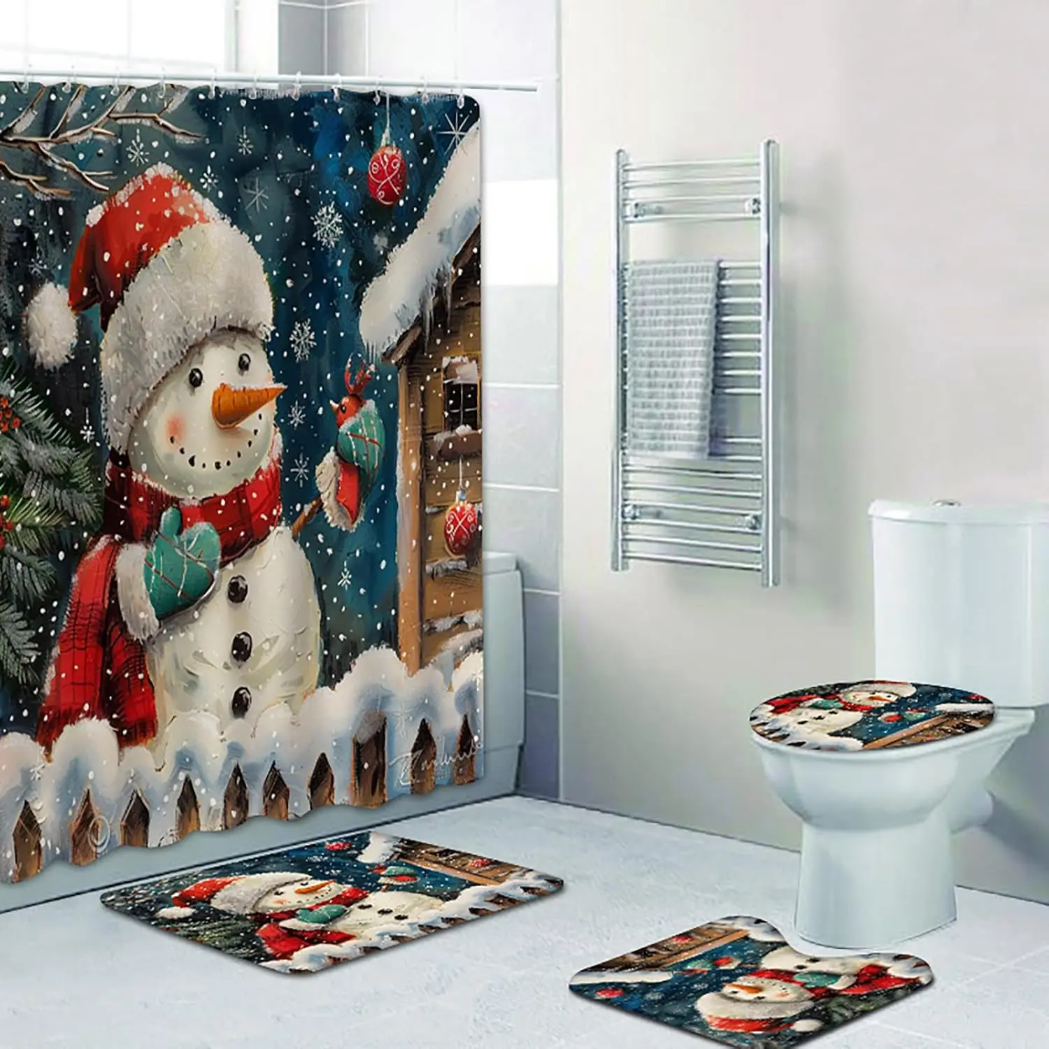 

Christmas Shower Curtains Bathroom Decorations Sets, 4 PCS Cute Snowman Bathtub Decor with Curtain Bath Rugs Mats Toilet Seat
