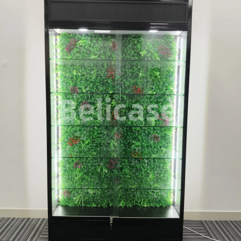 

2025customized.Newest Aluminum Glass Display Showcases Green Grasses Decor Floor Standing Display Smoke Shop Window Display