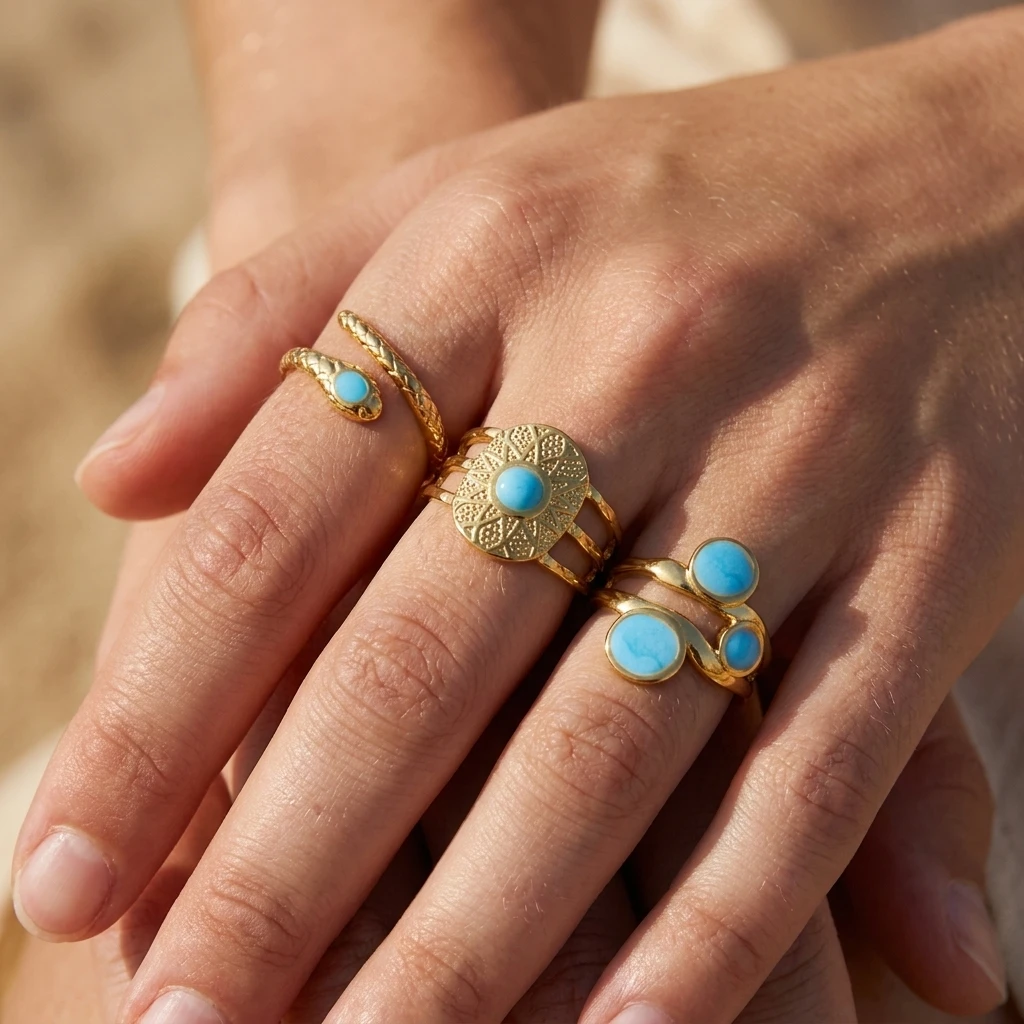 3PCS/Set Stainless Steel Snake Skin Pattern Blue Turquoise Ring Set Women's Fashion Hollow out Open Finger Ring Jewelry Gift