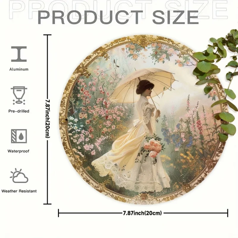 Room Decor A Vintage Lady Theme Metal Sign Featuring a Garden Stroll Under a Victorian-Style Lace Umbrella - 7.87X7.87 Inches Ro